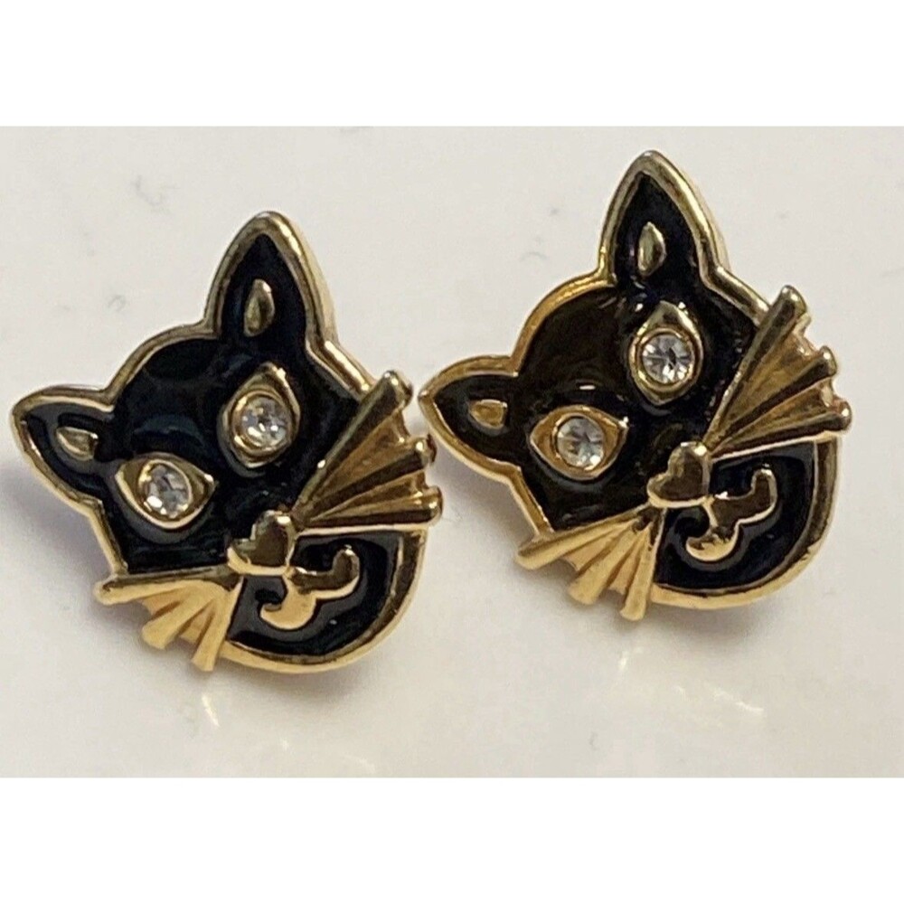 Avon Black Gold Tone Cat Face Crystal Eyes Earrings Pierced Enamel